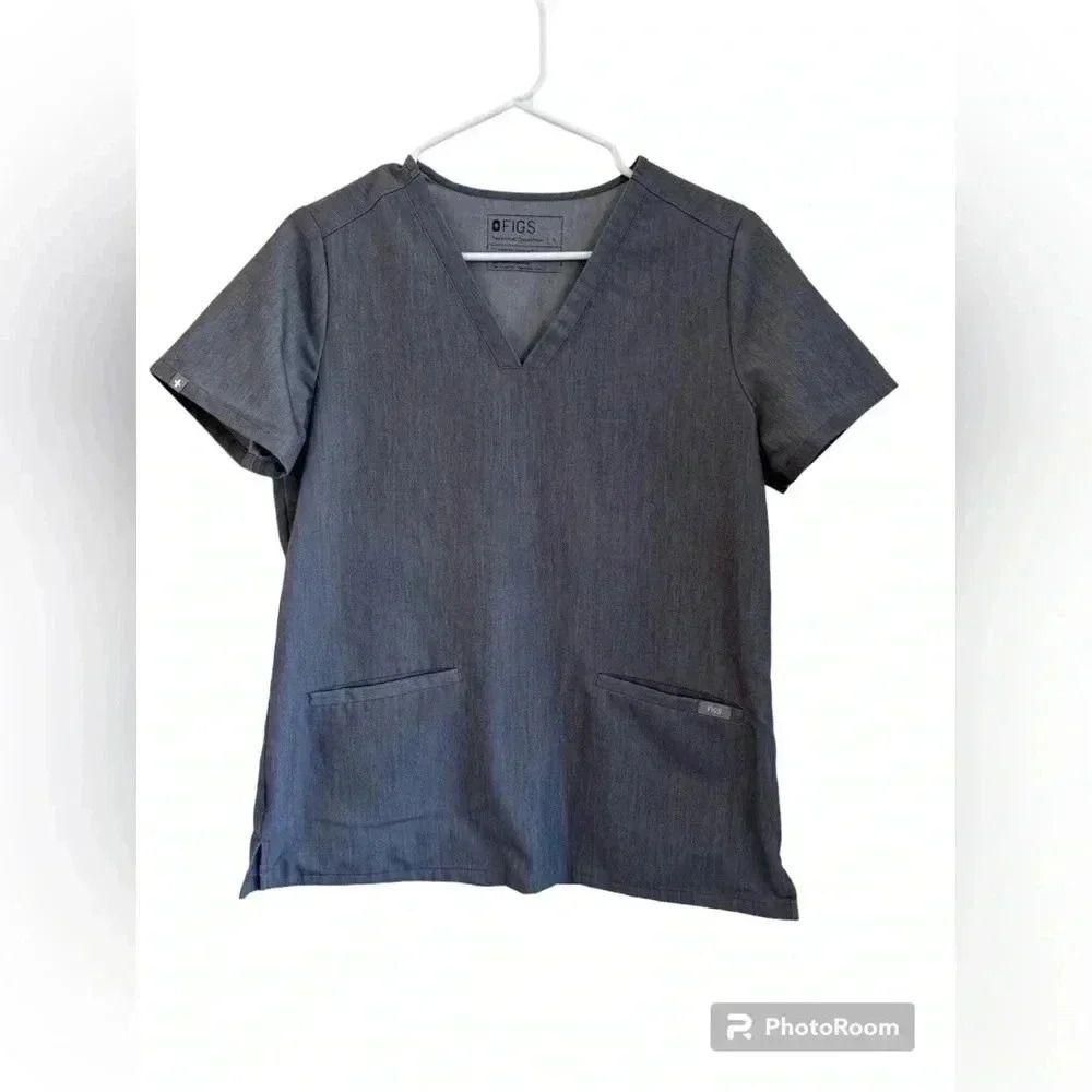 Figs Technical Collection Womens Gray V Neck Short Sleeves Scrub Top Size S